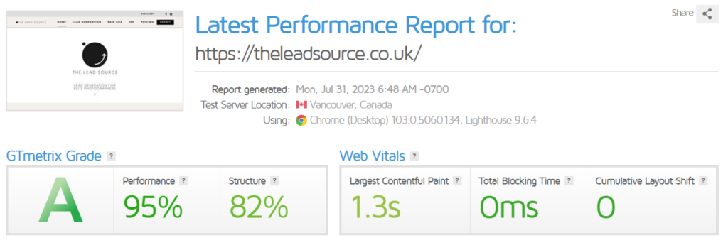 gtmetrix pagespeed A grade for the lead source