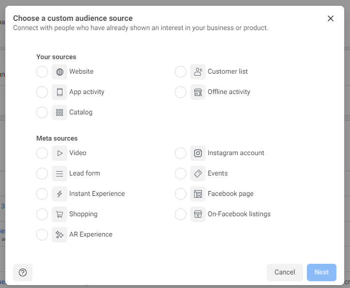 Facebook Ads Manager Custom Audience options