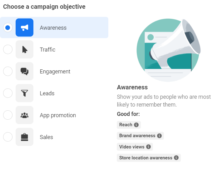 A screenshot within Facebook Ads Manager showing the campaign types available